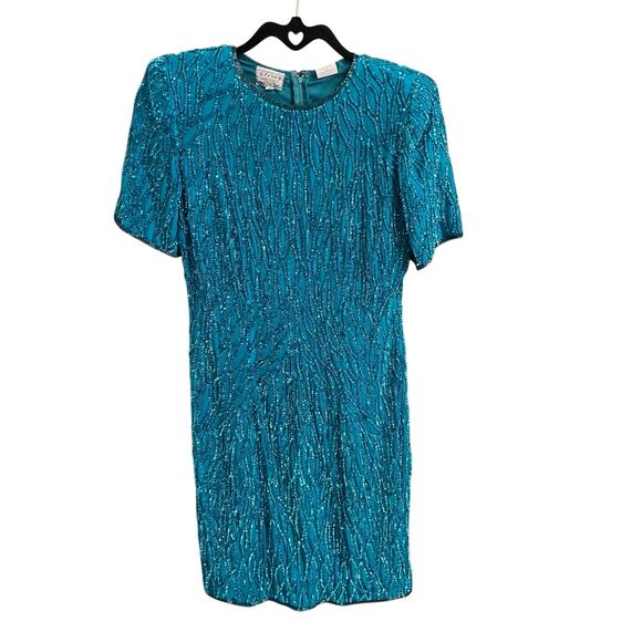Vintage Stenay 100% Silk Aqua Full Sequin Cocktail Dress Beaded Neck Womens 8 - Picture 1 of 6
